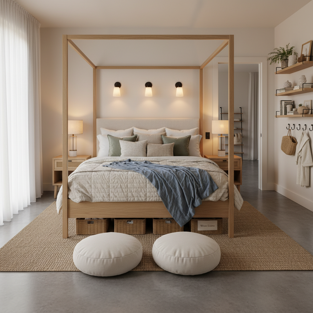 A peaceful and stylish bedroom with the bed strategically placed against the longest wall facing the door, showing at least two feet of clear space around it, with matching nightstands and symmetrical lamps.