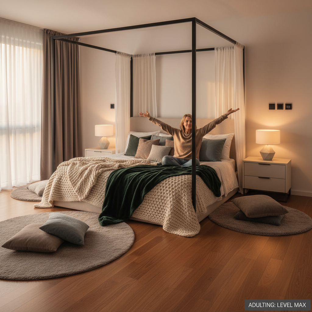 A cozy bed adorned with layered textures and soft furnishings including plush quilts, velvet throws, multiple pillows, and an upholstered or canopy bed frame, alongside rugs and cushions to create a warm, inviting retreat.