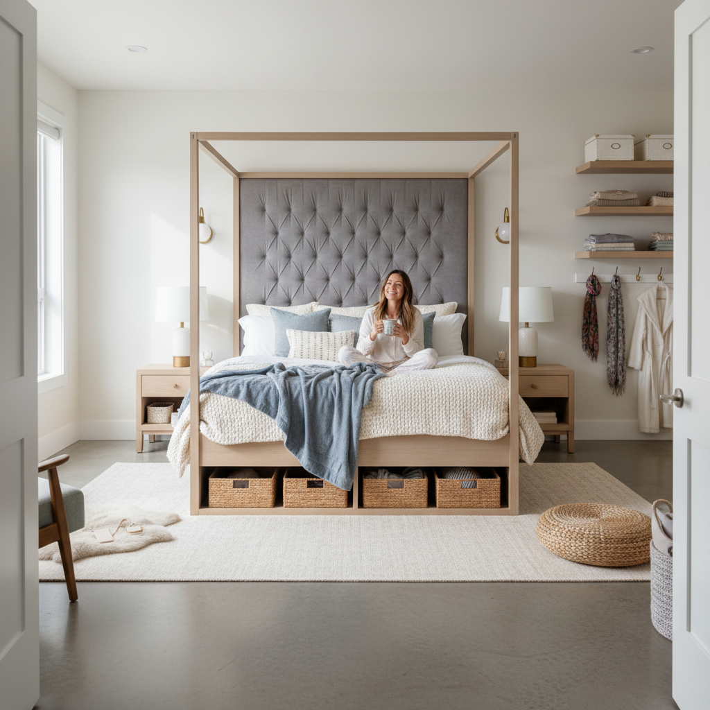A softly lit bedroom featuring warm ambient lighting with a mix of natural daylight, bedside lamps, wall sconces, and dimmers, avoiding harsh overhead bulbs to create a relaxing atmosphere.