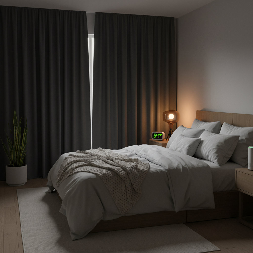 Serene, cool bedroom with blackout curtains and cozy bed, perfect sleep environment