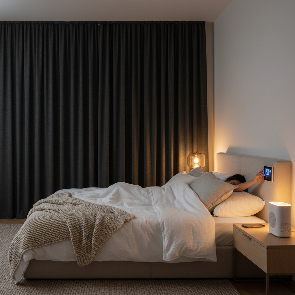 White noise machine on nightstand in quiet bedroom corner