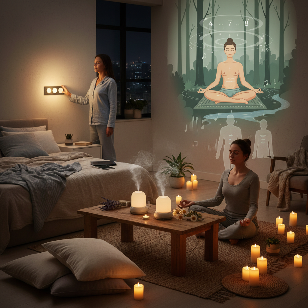 A peaceful aromatherapy setup featuring essential oil diffusers with lavender and chamomile, pillows, and calming scents filling the room.