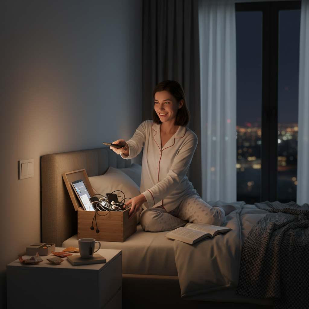 A calm bedroom scene at night with soft warm lighting, showcasing a person dimming lights and putting away electronic devices to prepare for sleep.