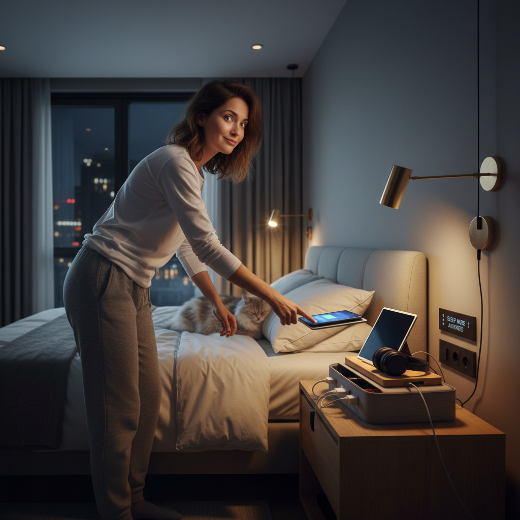 An illustration demonstrating relaxation techniques: a person practicing 4-7-8 breathing, progressive muscle relaxation, with soothing background elements like forest sounds and gentle music notes.