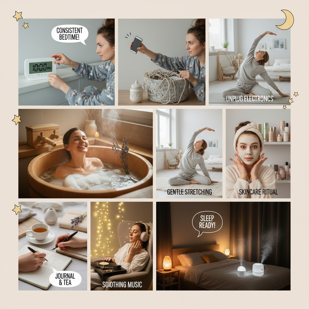 Illustration of a person following a calming bedtime self-care routine, highlighting the importance of consistency and relaxation for deep sleep.