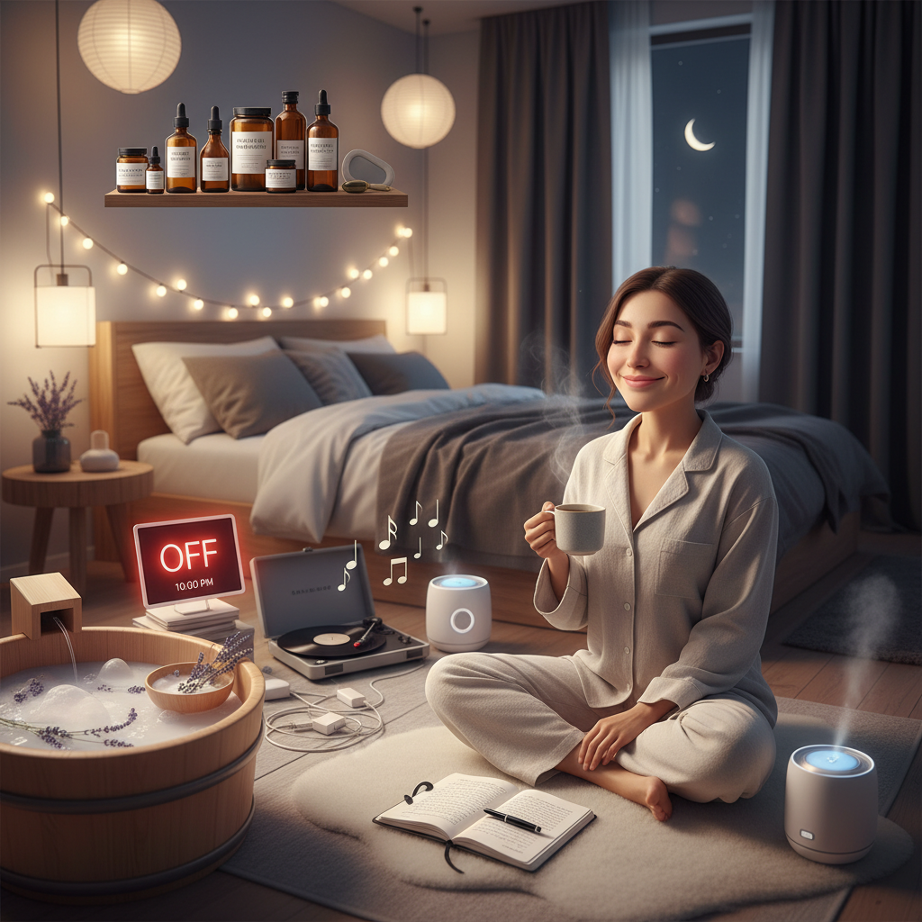 A cozy cultural setting depicting Japanese ofuro bath and Scandinavian hygge ambiance with soft lighting and calming elements to emphasize local and cultural bedtime self-care practices.