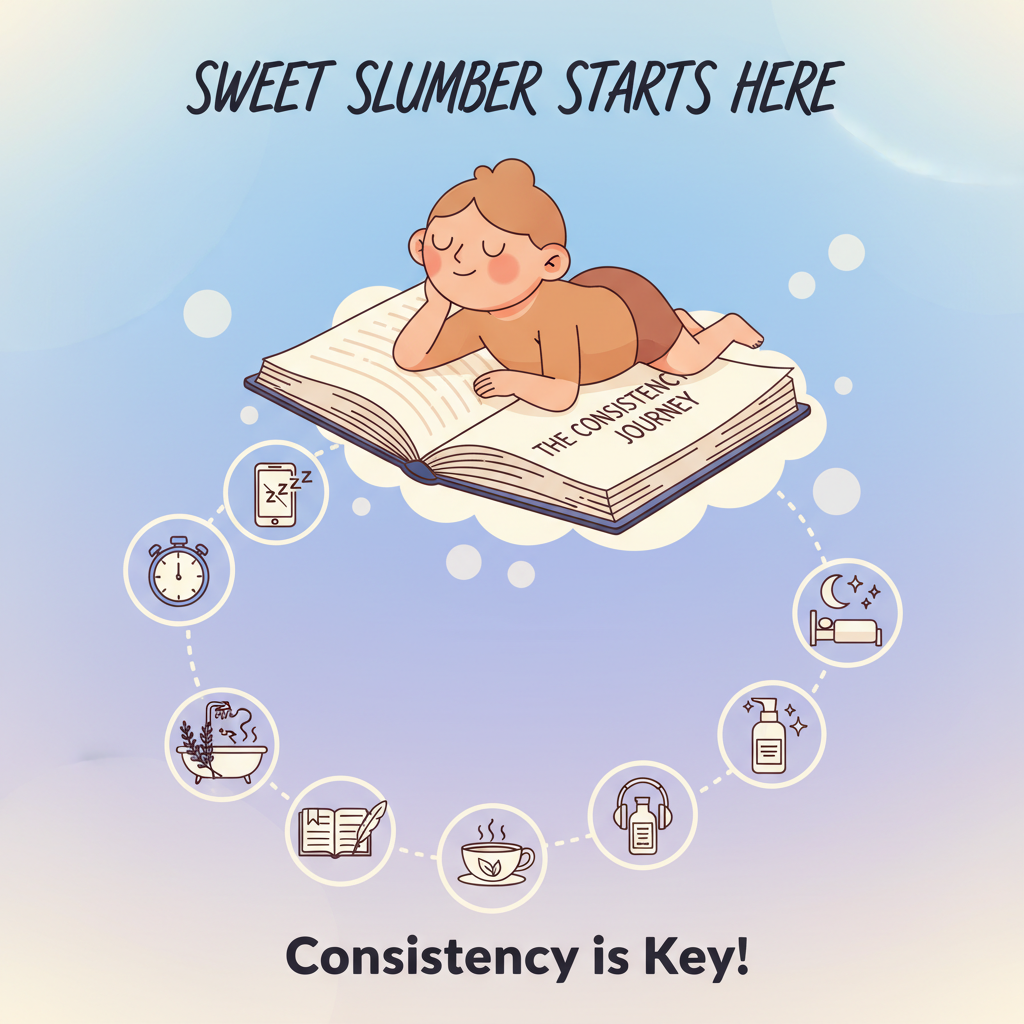 Step-by-step visuals showing key bedtime routine activities: setting a consistent bedtime, unplugging electronics, taking a warm bath with lavender, gentle stretching or yoga, journaling, drinking herbal tea, listening to soothing music, skincare ritual, and creating a sleep-friendly environment.