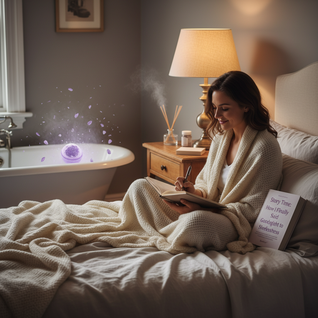 A cozy bedroom scene with a person journaling by dim, warm lighting, lavender bath bomb and a peaceful ambiance representing 'Story Time: How I Finally Said Goodnight to Sleeplessness'.