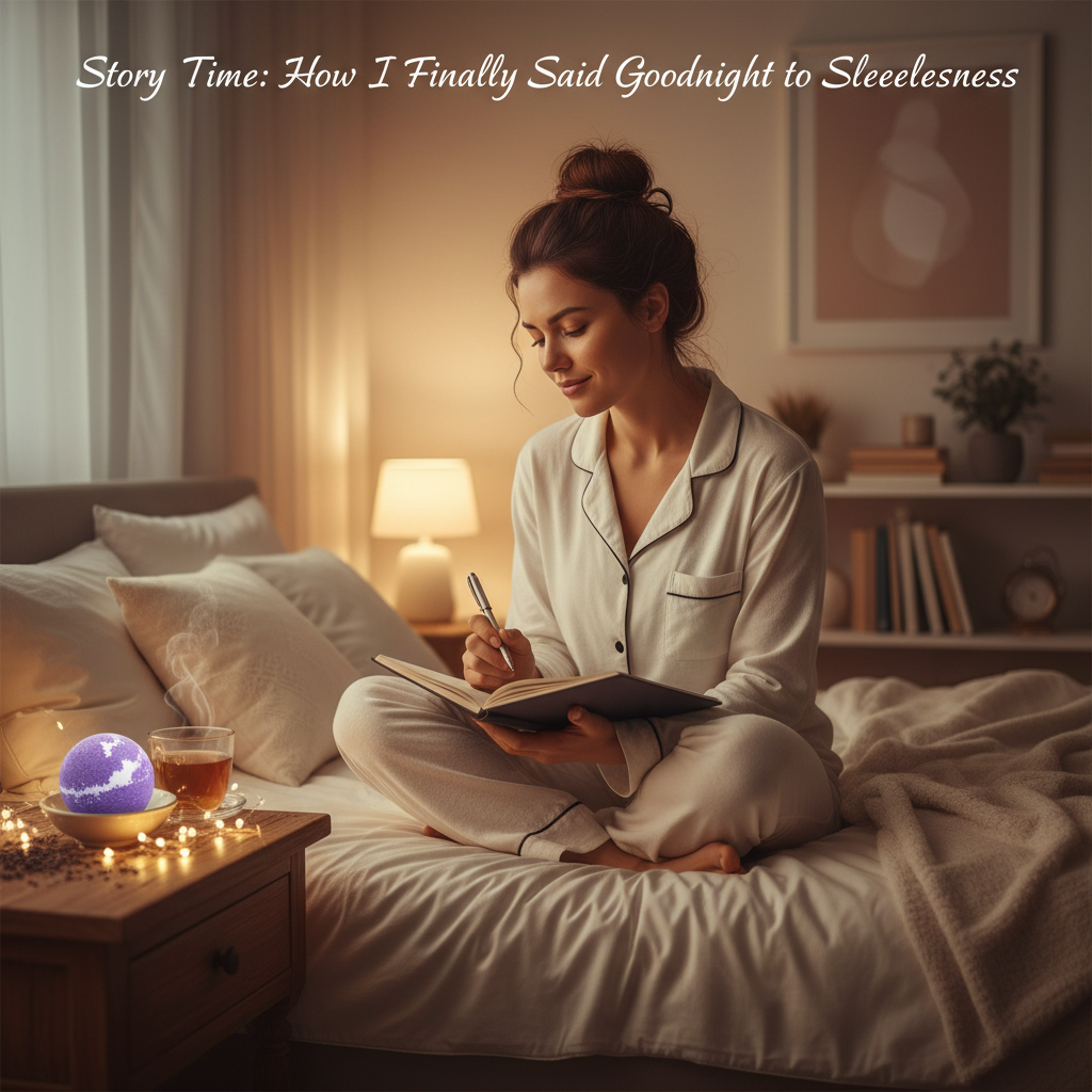 A flat lay or product showcase featuring sleep-related products: lavender pillow spray, magnesium bath milk, weighted eye mask, and smart light lamp.