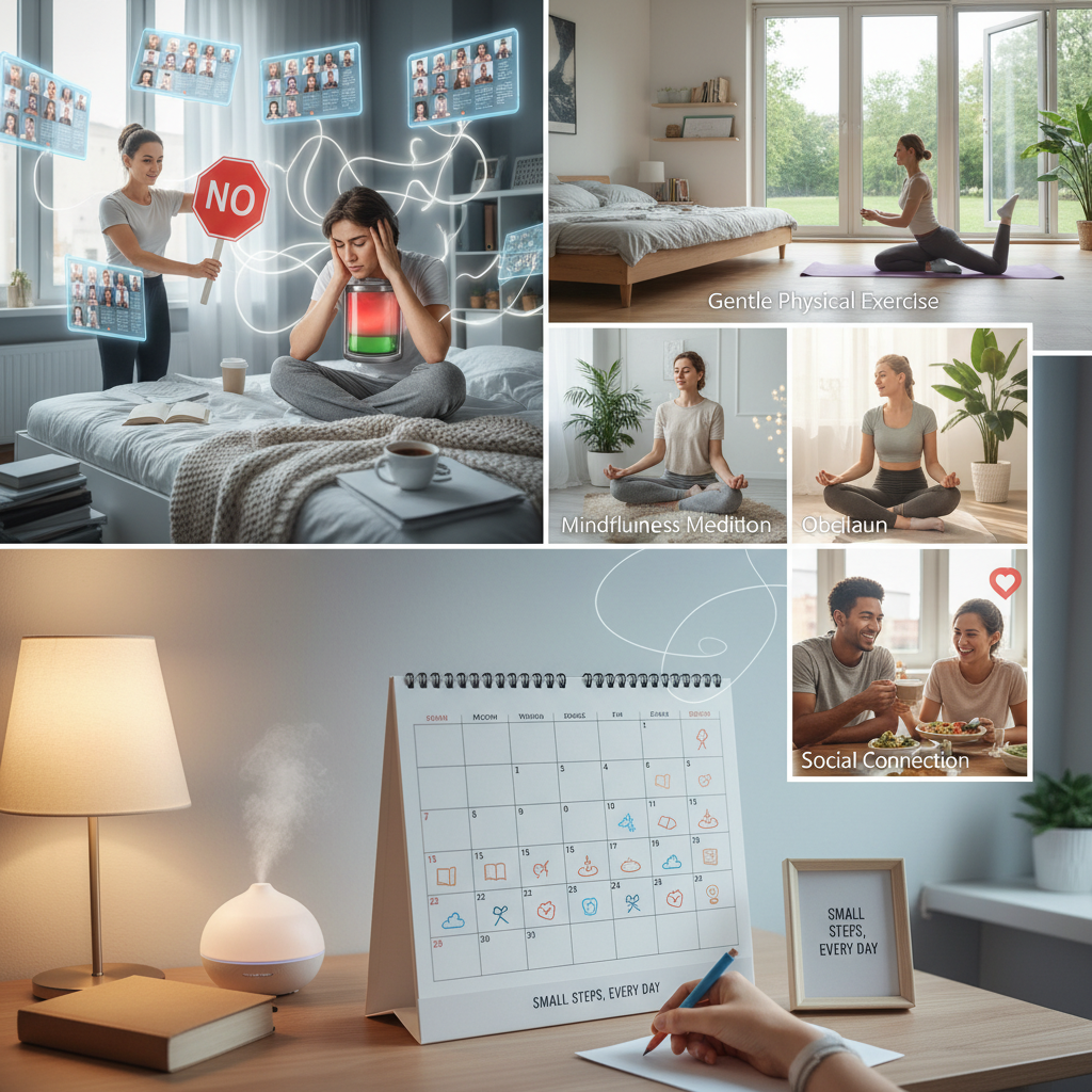 A cozy bedroom scene emphasizing restful sleep with soft lighting, a person peacefully sleeping, and calming bedtime elements like a book and dimmed lights to highlight the importance of quality sleep.