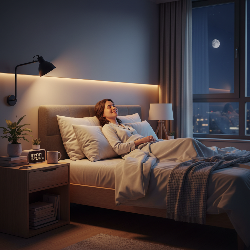 A cozy nighttime routine setup featuring elements like dimmed lights, a book, a warm bath, gentle stretching/yoga mat, and herbal tea to represent essential elements of a bedtime self care routine.