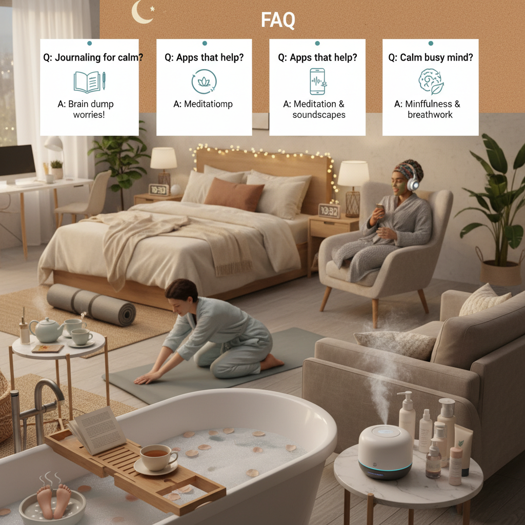 A visual FAQ style image showing common bedtime routine questions and answers with icons representing journaling, meditation apps on a phone, warm foot soaking alternatives, and mindfulness exercises for calming a busy mind.