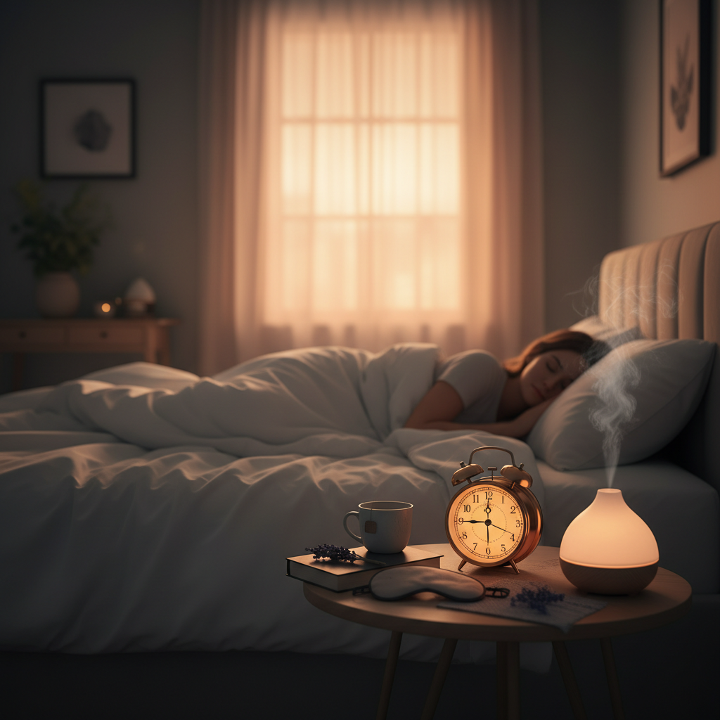 Illustration of a peaceful bedroom scene symbolizing the importance of a bedtime self care routine to achieve deep, restorative sleep with calm lighting and a clock showing consistent bedtime.