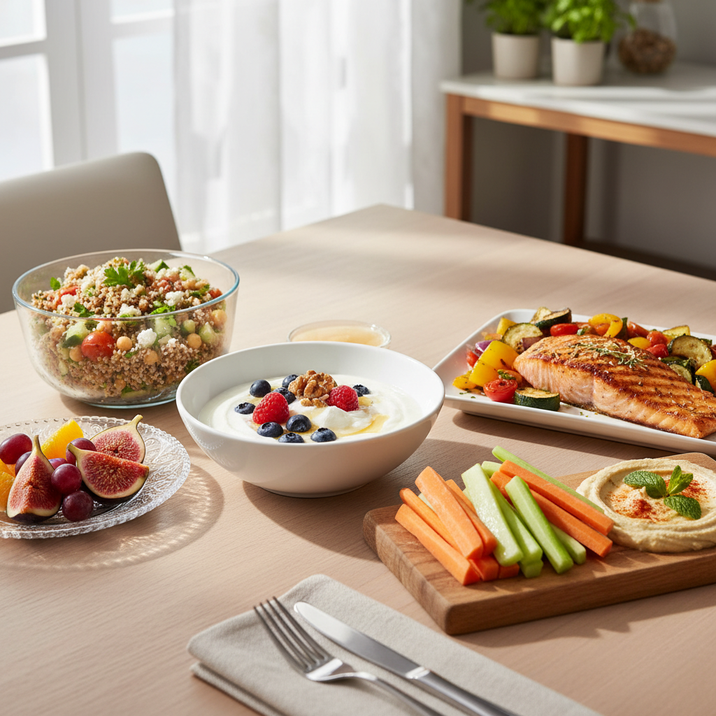 A vibrant Mediterranean table spread outdoors by the sea featuring fresh vegetables, fruits, whole grains, nuts, olive oil, fish, and moderate portions of dairy and poultry, showcasing the typical foods of the Mediterranean diet.