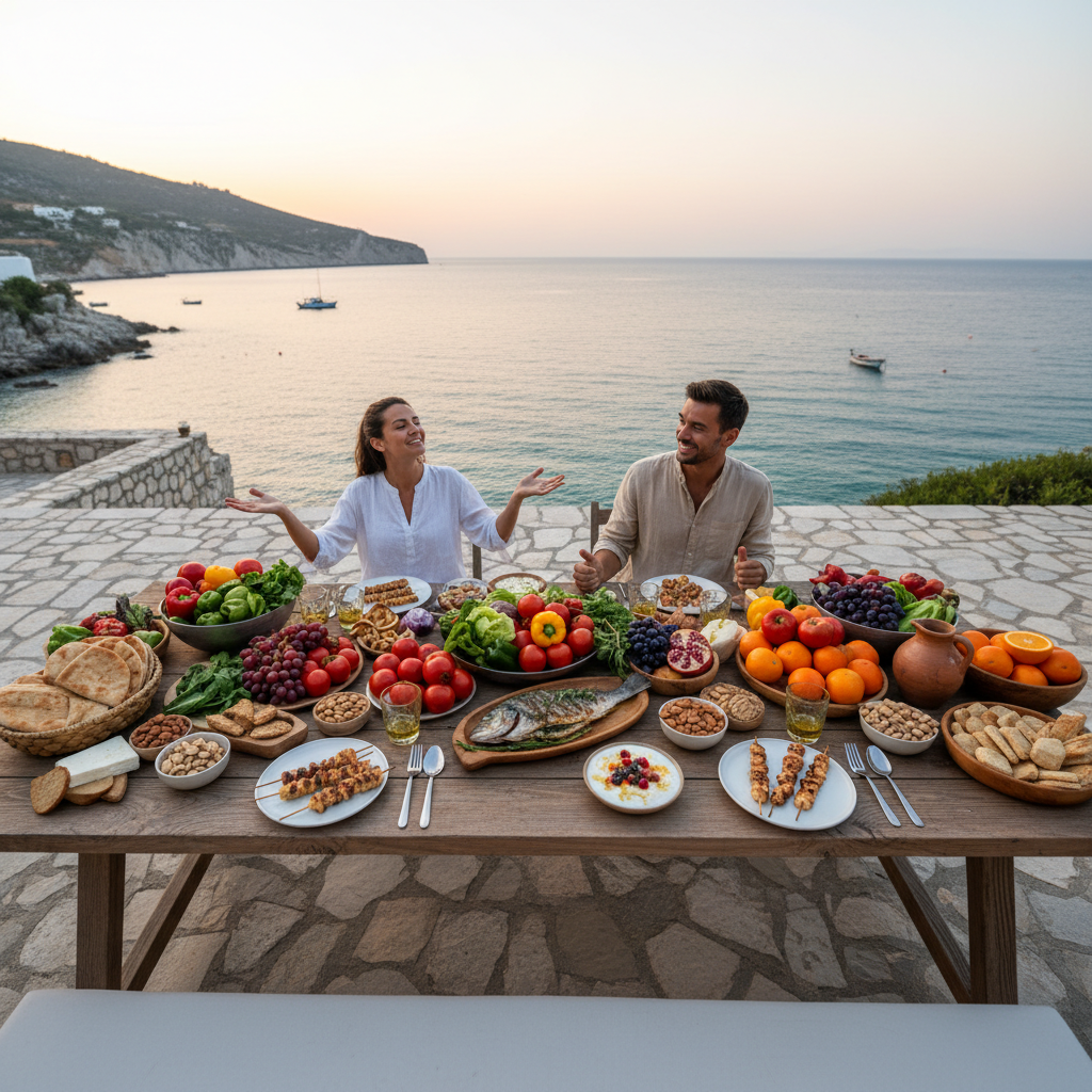 A cozy kitchen scene with someone preparing Mediterranean dishes: using olive oil, chopping vegetables, grilling fish, and herbs like garlic, oregano, and basil visible, emphasizing the practical steps to start the Mediterranean diet.
