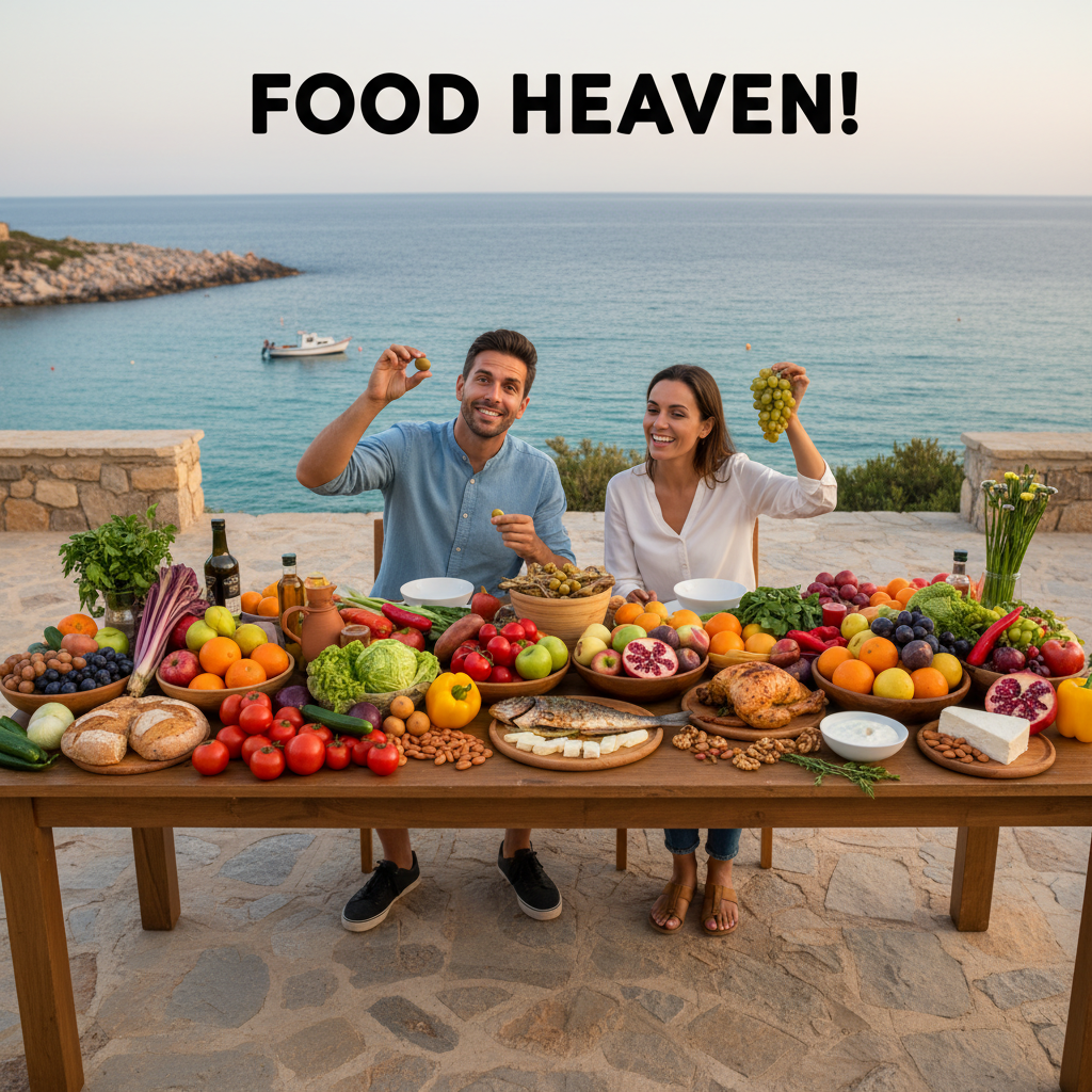 An infographic or artistic illustration depicting the health benefits of the Mediterranean diet, including heart health symbols, brain icons, weight management, anti-inflammatory effects, and social lifestyle imagery.