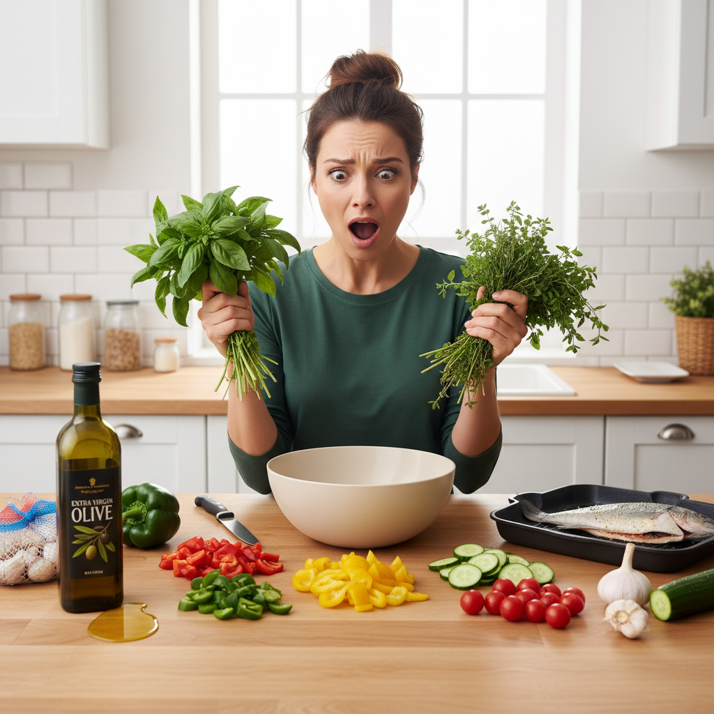 A well-plated sample day of Mediterranean meals on a table, including a bowl of Greek yogurt with berries and walnuts, quinoa salad with chickpeas and feta, vegetable sticks with hummus, grilled salmon with roasted vegetables, and fresh fruit dessert.