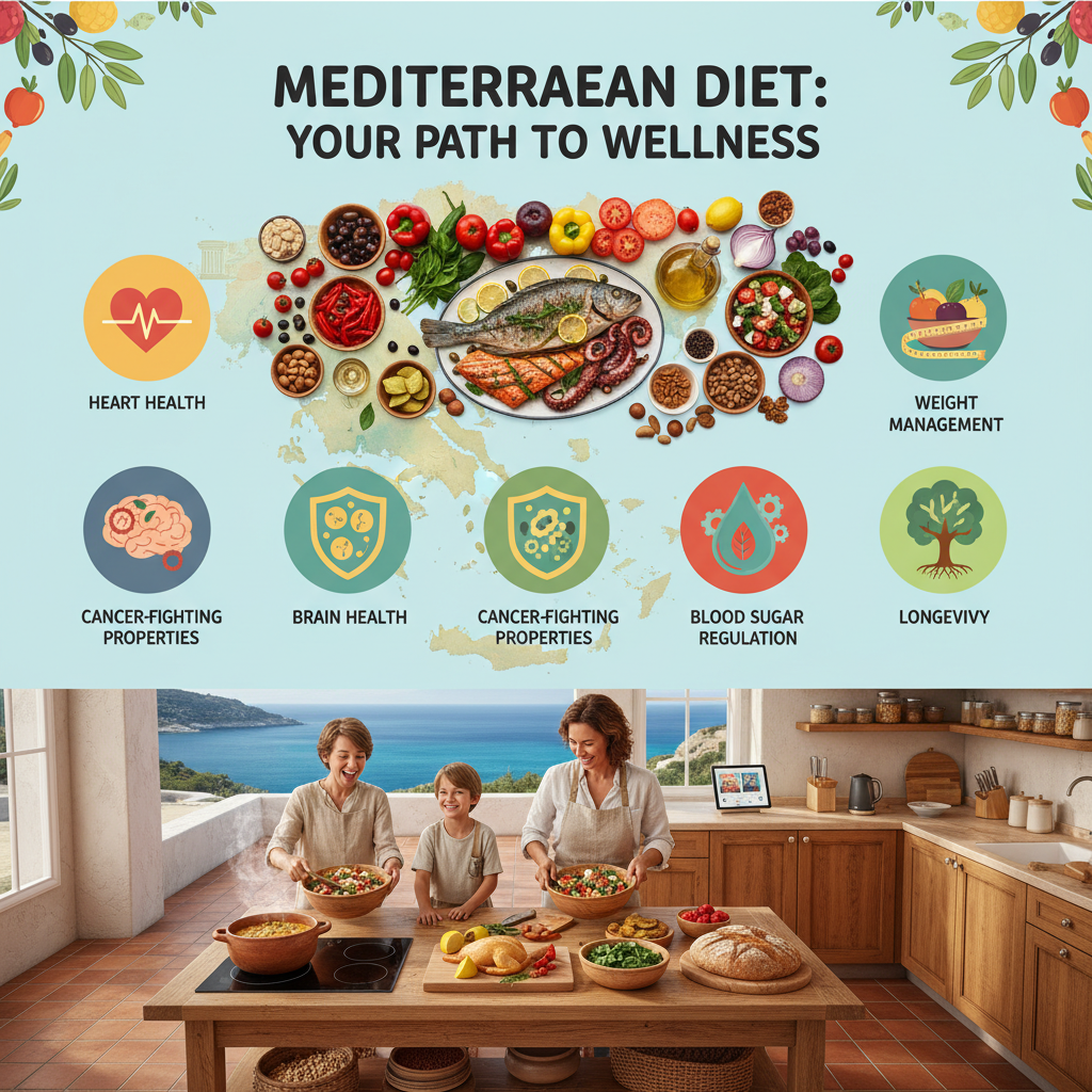 A cheerful family enjoying a colorful Mediterranean-style dinner with fresh vegetables, whole grains, olive oil, and seafood