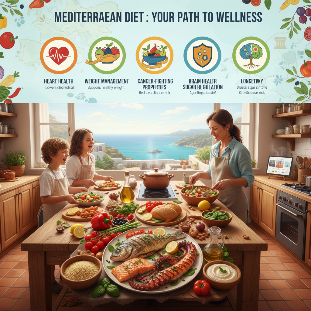 A cozy kitchen scene with a person cooking simple Mediterranean dishes showcasing fresh ingredients