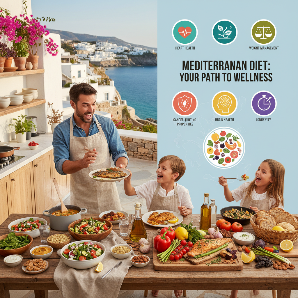 An artistic and vibrant spread of Mediterranean diet staple foods including fresh fruits, vegetables, whole grains, fish, nuts, and olive oil