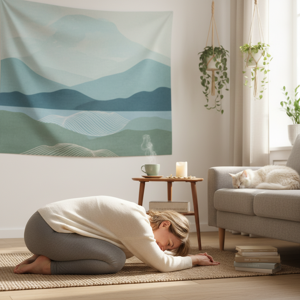 A calm and serene person practicing gentle yoga stretches at home to relieve stress, with a peaceful background symbolizing relaxation and mind-body rejuvenation.
