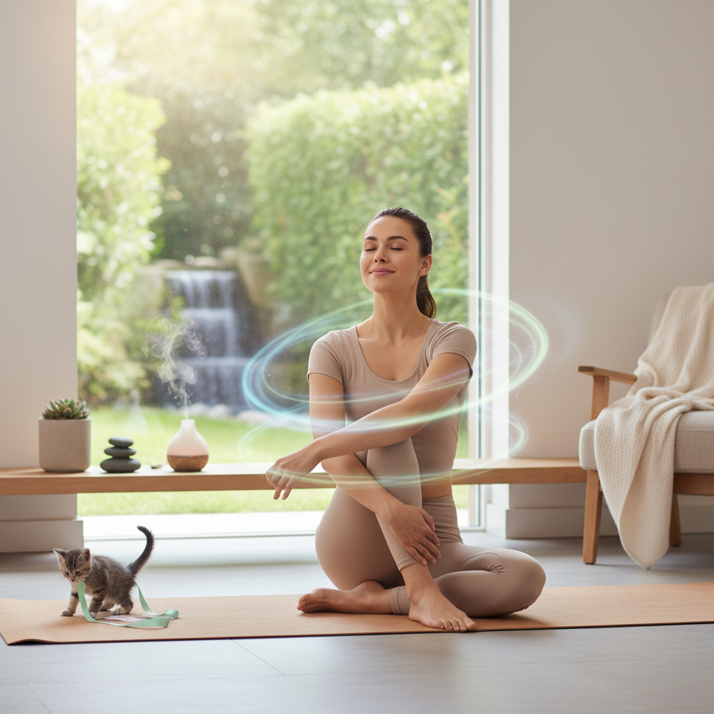 A cozy, peaceful yoga environment featuring calming elements such as soft music, blankets, blocks, pillows, and dim lighting, representing tips for enhancing stress relief through yoga.