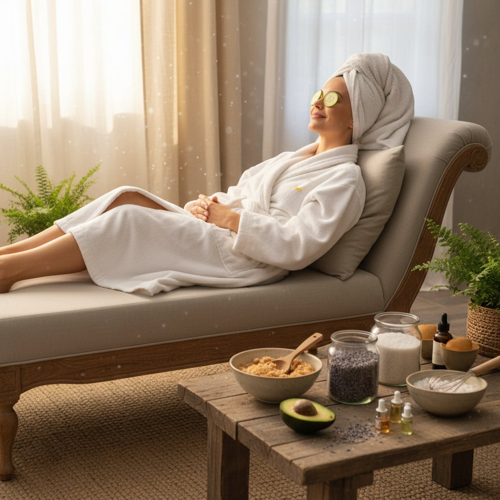 A cozy home spa setup showing a person relaxing in a robe with natural DIY spa products around, emphasizing comfort and relaxation.