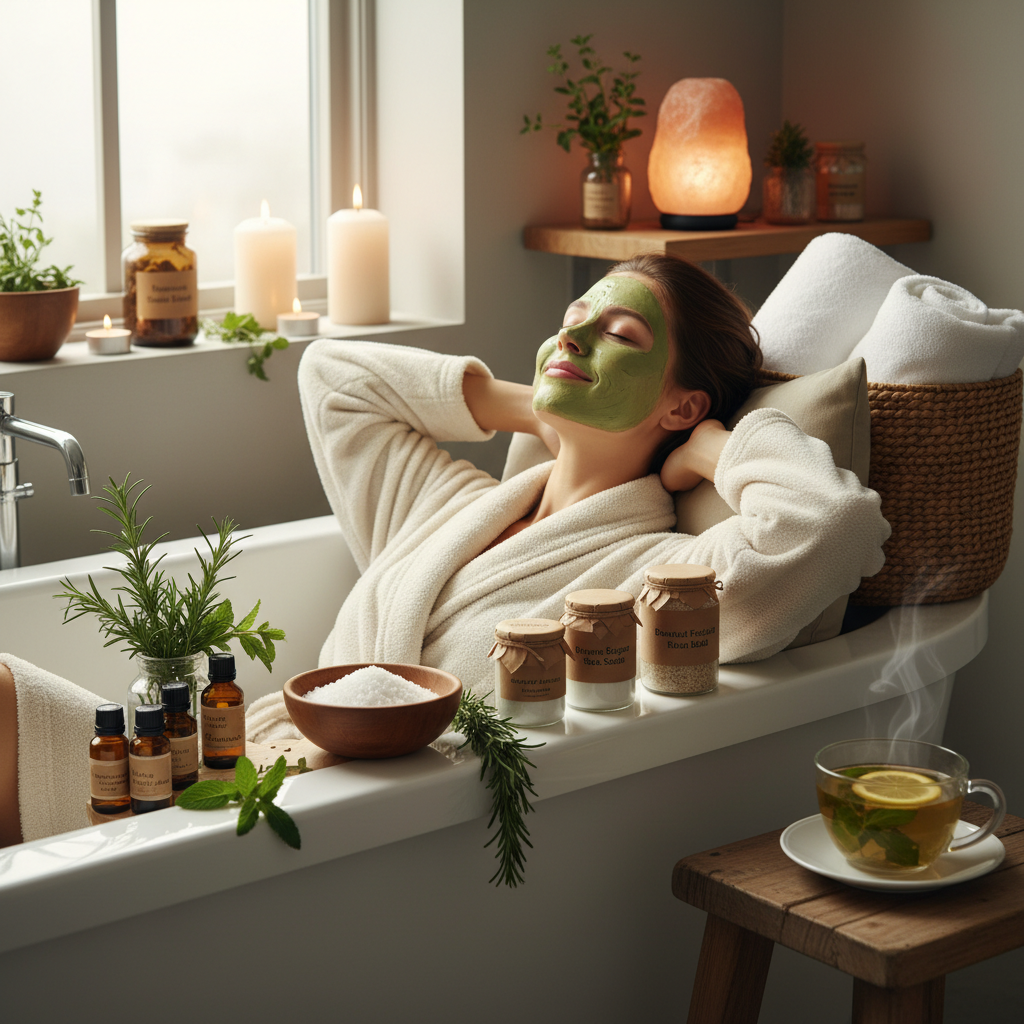 A softly lit room with dim lights, candles, Himalayan salt lamps, fresh flowers, and a towel fort, creating a serene and inviting spa atmosphere.