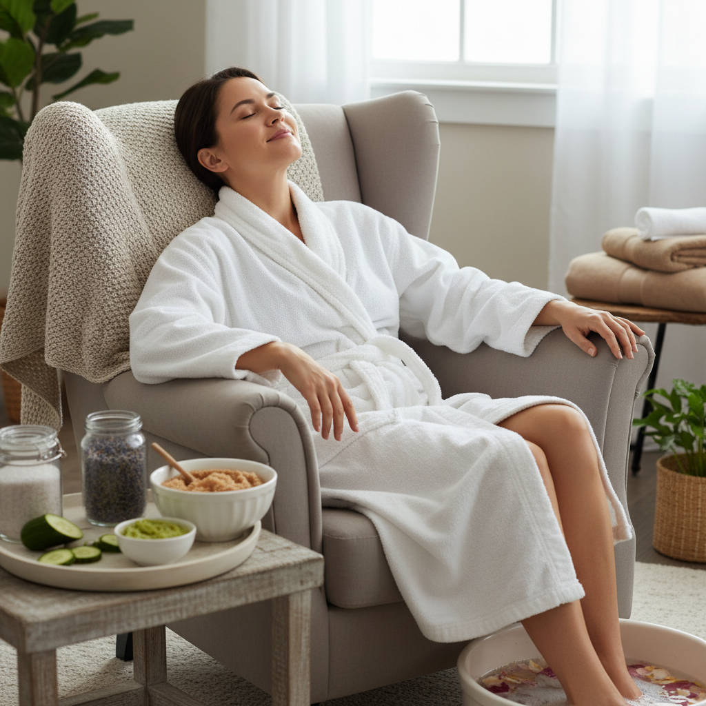 Various homemade spa treatment ingredients and preparations including a warm bath soak with Epsom salts and lavender oil, brown sugar body scrub, a facial steam setup, and an avocado hair mask being applied.