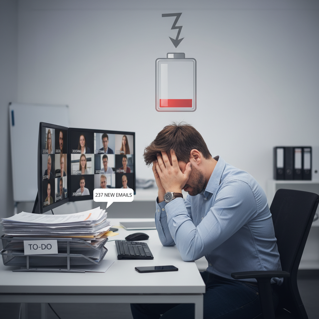 An illustration representing emotional exhaustion as a drained battery metaphor, showing a person looking tired and overwhelmed, surrounded by symbols of stress like endless Zoom meetings and heavy workloads.
