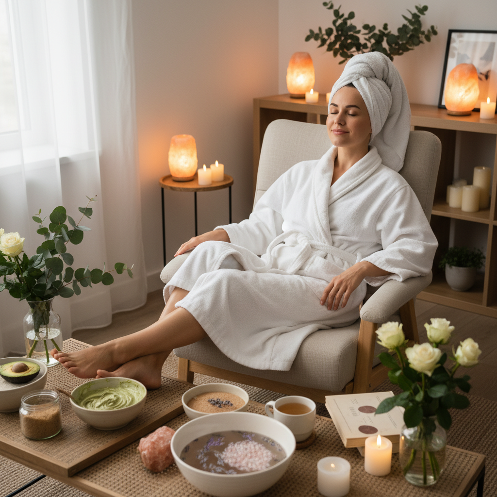 A person following personal spa tips such as drinking herbal tea, doing mindfulness meditation, and caring for nails, highlighting a complete and memorable at-home spa day experience.