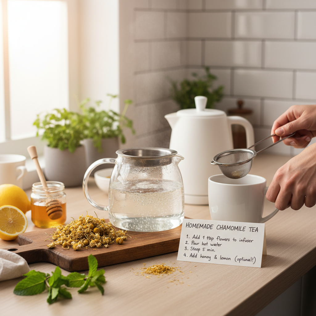 An illustration depicting the health benefits of chamomile tea, showing icons or symbols for sleep improvement, anxiety reduction, digestion support, heart health, anti-inflammatory effects, and menstrual cramp relief.