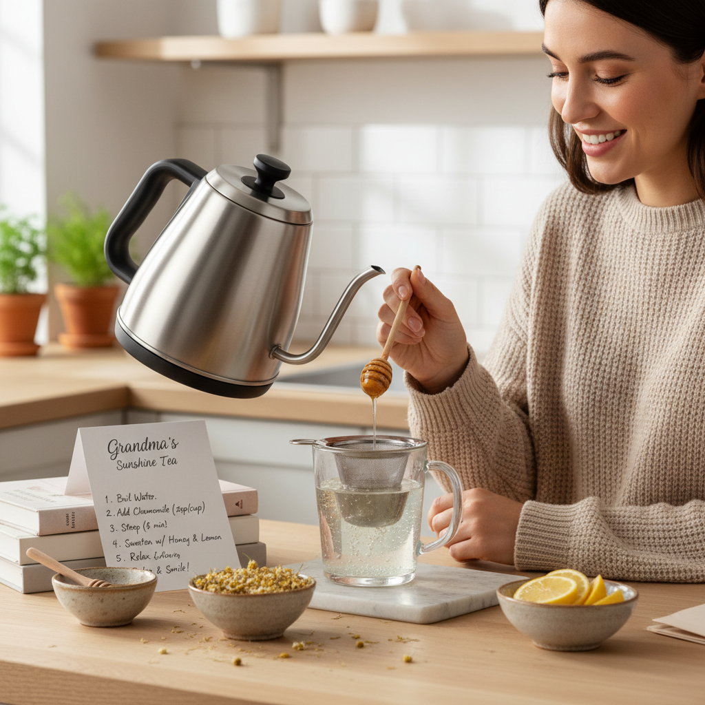 Creative variations of chamomile tea brewing, featuring different styles like iced chamomile tea with mint and lemon, a chamomile latte with milk and honey, and adding cinnamon or ginger, set in relaxed home or café settings.