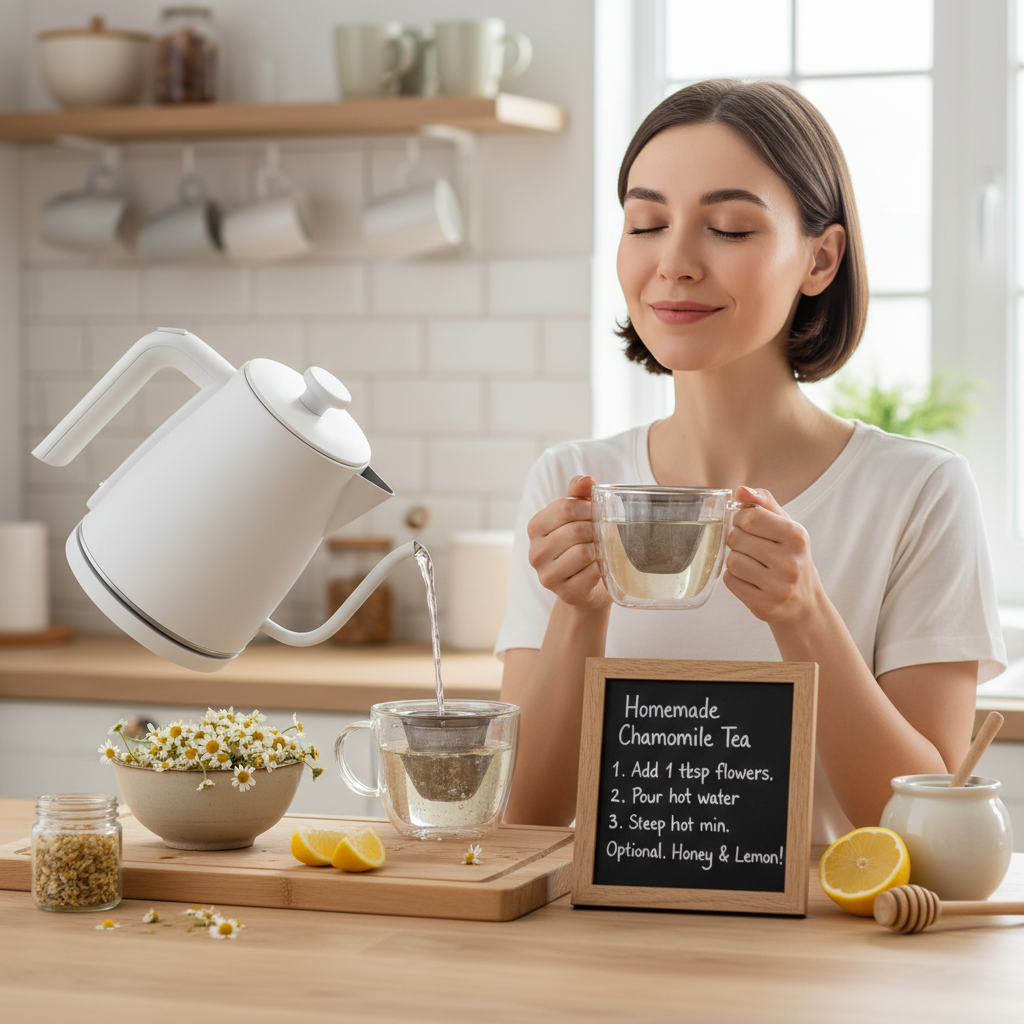 A cautionary image highlighting potential side effects and precautions of chamomile tea, featuring allergy warnings, interaction symbols (e.g., with medications), and reminders for pregnant or breastfeeding women to consult a doctor.
