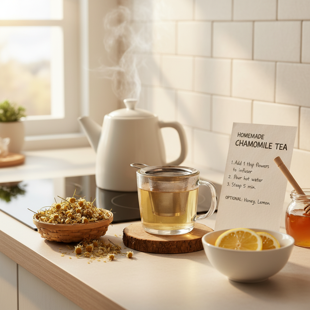 A cozy kitchen scene showing ingredients and directions for homemade chamomile tea, including dried chamomile flowers, a kettle with hot water, a cup with a tea infuser, and optional additions like honey and lemon.
