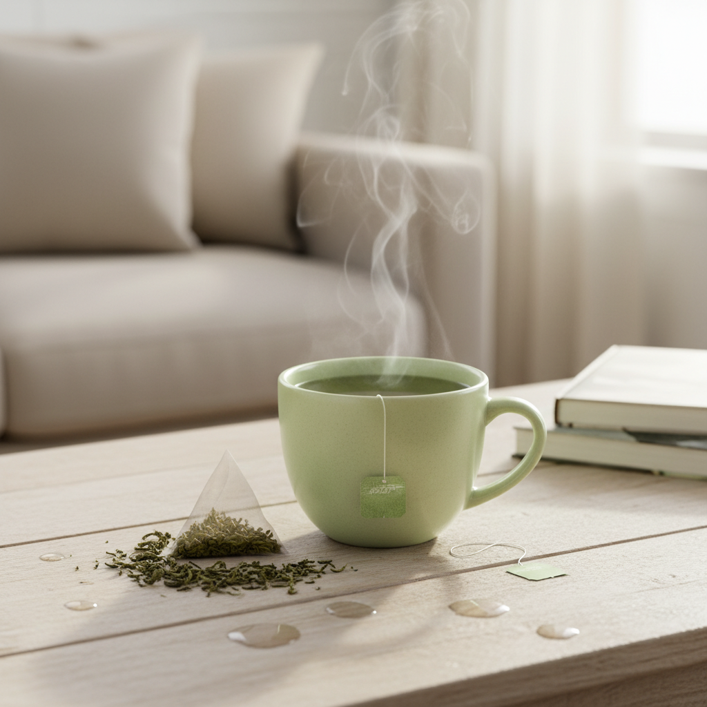 Step-by-step illustration of the green tea brewing process: heating water to the right temperature with a thermometer, measuring tea leaves with a teaspoon, steeping tea in a glass teapot or cup, straining tea leaves, and optionally adding honey, lemon, or mint, highlighting the gentle and careful steps.