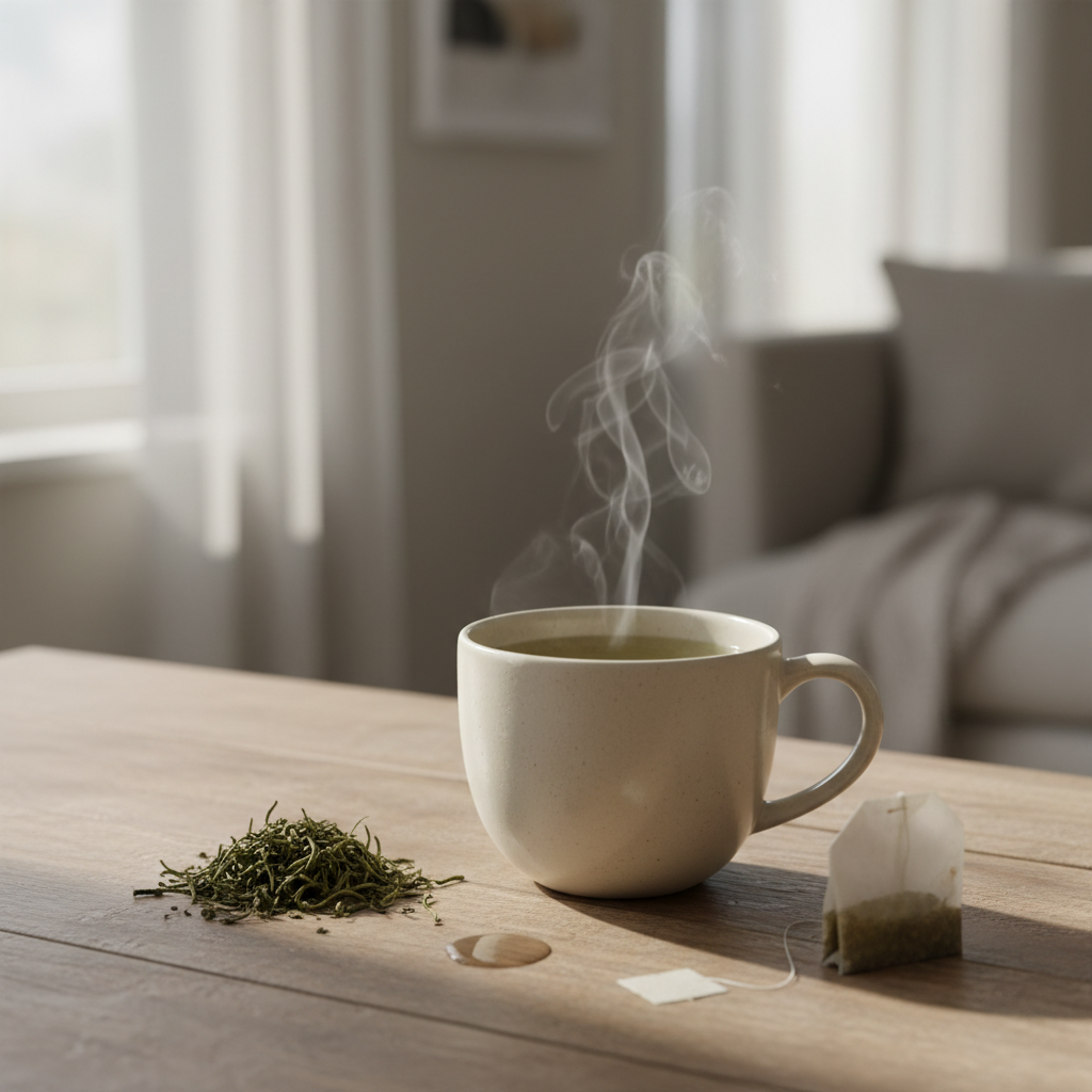 A refreshing visual of a perfect cup of green tea garnished with lemon slices and mint leaves, served warm in a ceramic cup, alongside a glass of iced green tea with ice cubes and similar garnishes, placed on a bright surface to show the versatility and appeal of the brew.