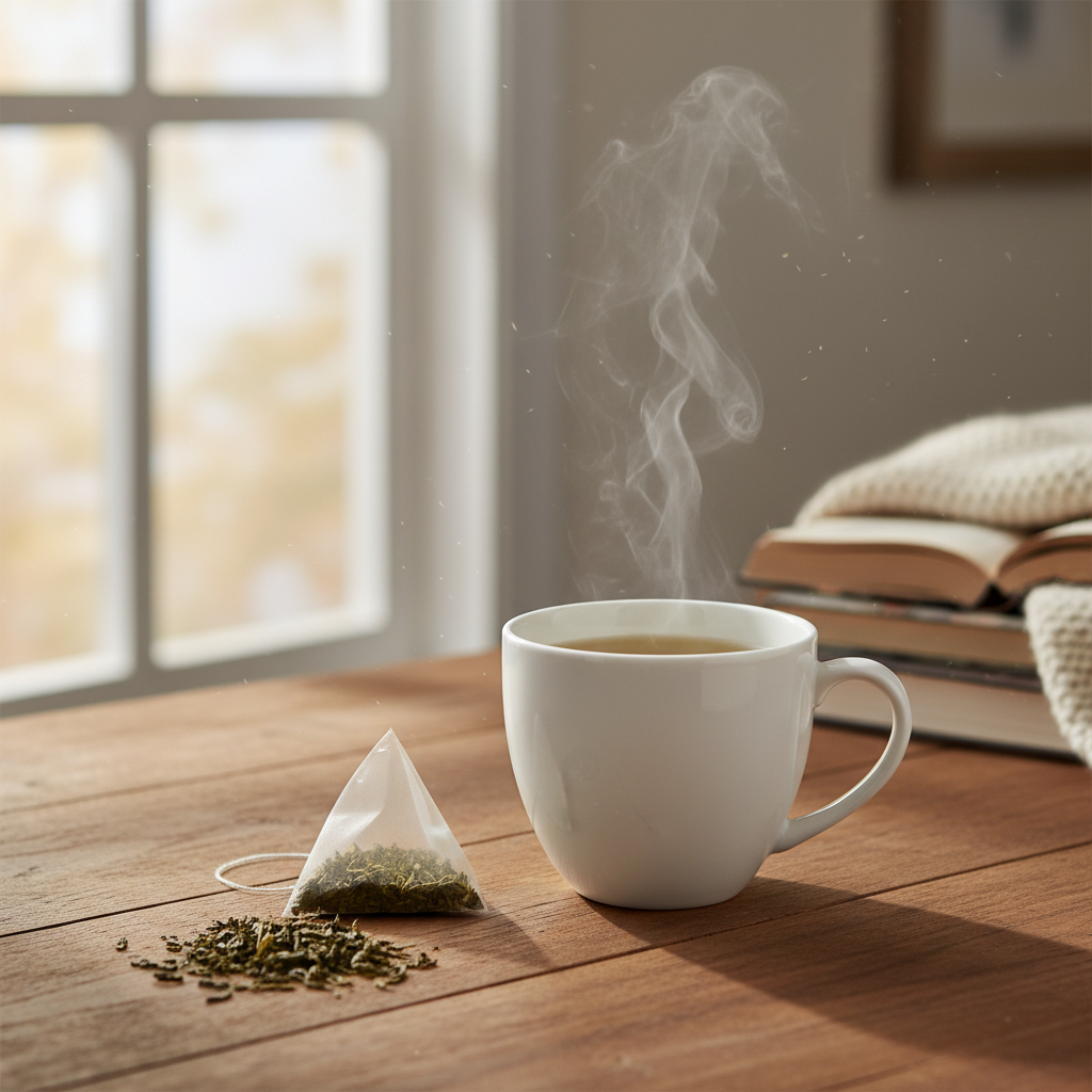 A cozy and inviting scene showing a steaming cup of freshly brewed green tea on a wooden table with loose green tea leaves and a tea bag beside it, surrounded by soft natural light to evoke a calming atmosphere.
