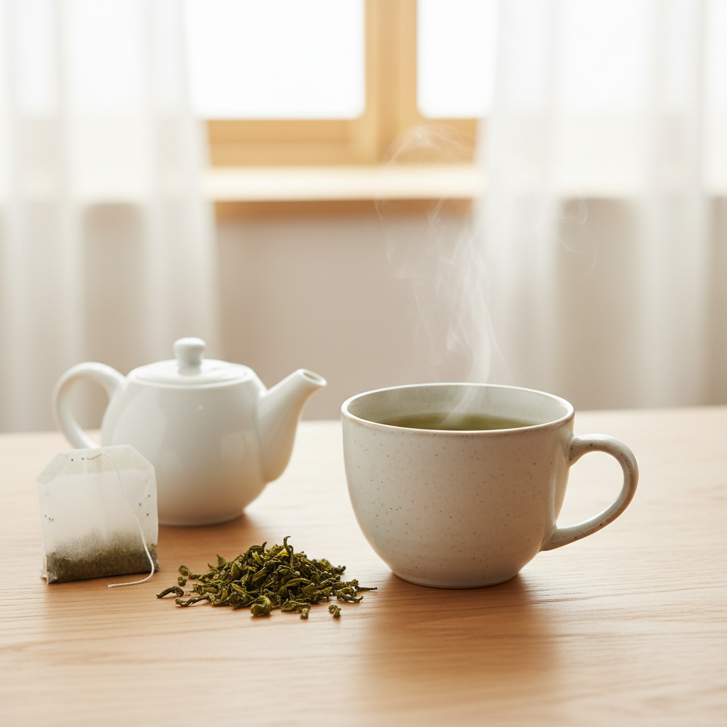 An overhead shot of the ingredients needed for one cup of green tea: a teaspoon of loose-leaf green tea, a cup of filtered water in a kettle or glass, a small jar of honey, lemon slices, and fresh mint leaves arranged neatly on a clean surface.