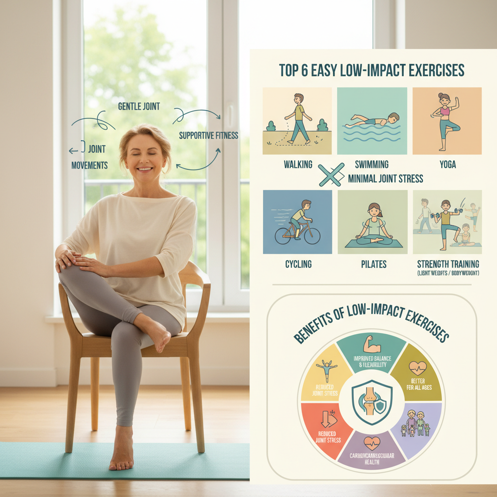 A vibrant infographic showcasing the benefits of low-impact exercises such as reduced joint stress, improved balance and flexibility, enhanced muscle strength, better cardiovascular health, and suitability for all ages.