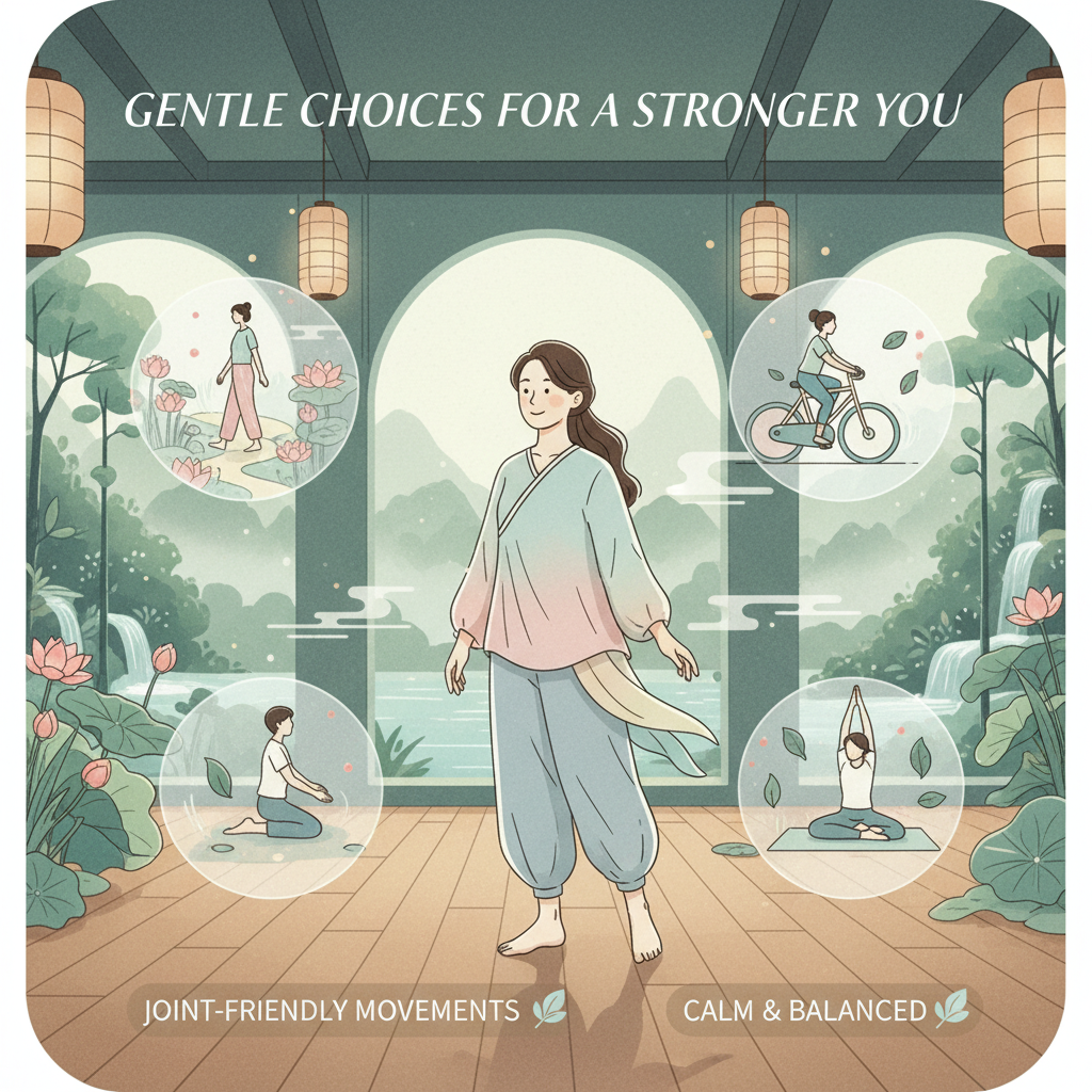 Illustration showing a person choosing low impact exercises, highlighting joint-friendly movements and a calm, spa-like atmosphere.