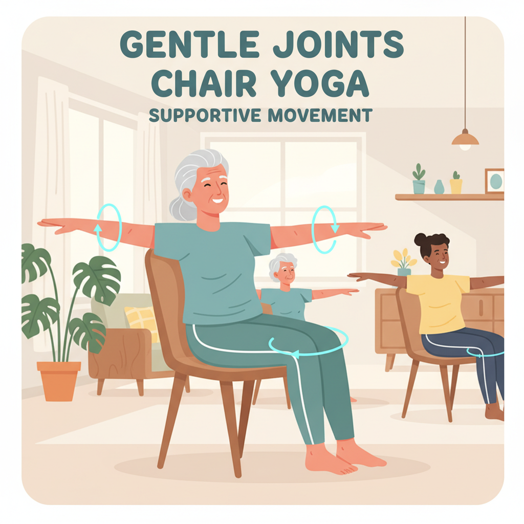 An illustration of a joyful person doing gentle low-impact exercises, like chair yoga, highlighting joint-friendly movements and a supportive environment.