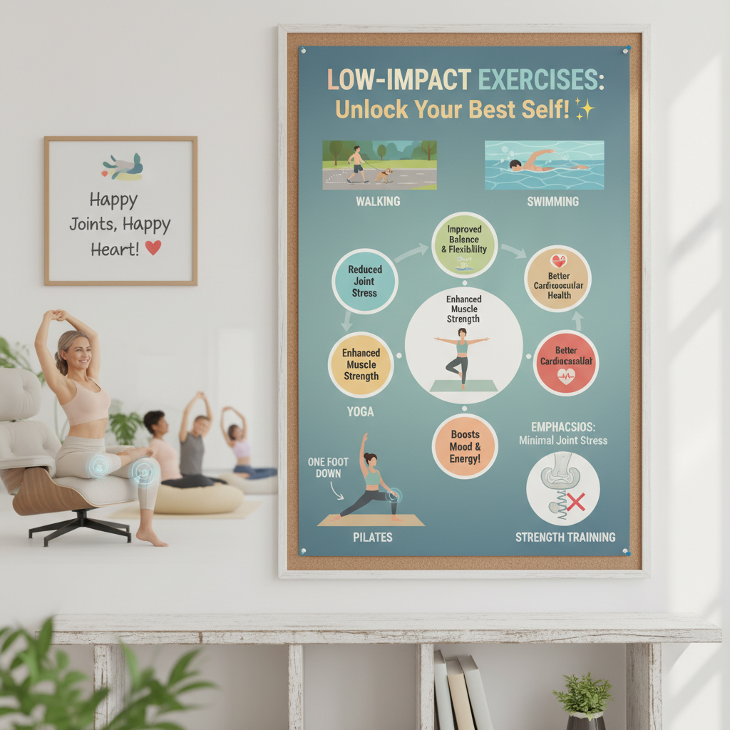 A collection of the top 6 easy low-impact exercises depicted with small illustrations: walking, swimming, yoga, pilates, cycling, and strength training with light weights or bodyweight.