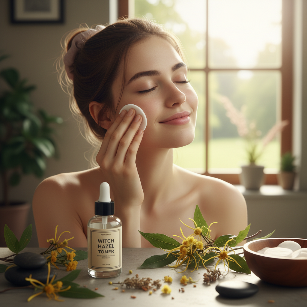 A practical skincare routine image with step-by-step scenes: applying witch hazel toner, dabbing on pimples, mixing with rose water, and post-shave application to soothe skin.