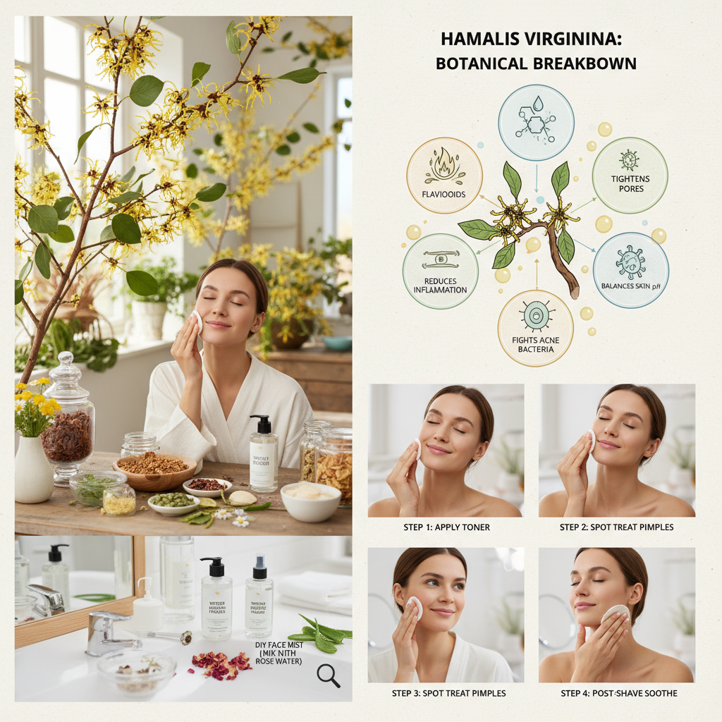 An illustrated scientific depiction of the witch hazel plant (Hamamelis virginiana) showing its leaves and bark, with visual highlights of tannins, flavonoids, and essential oils.