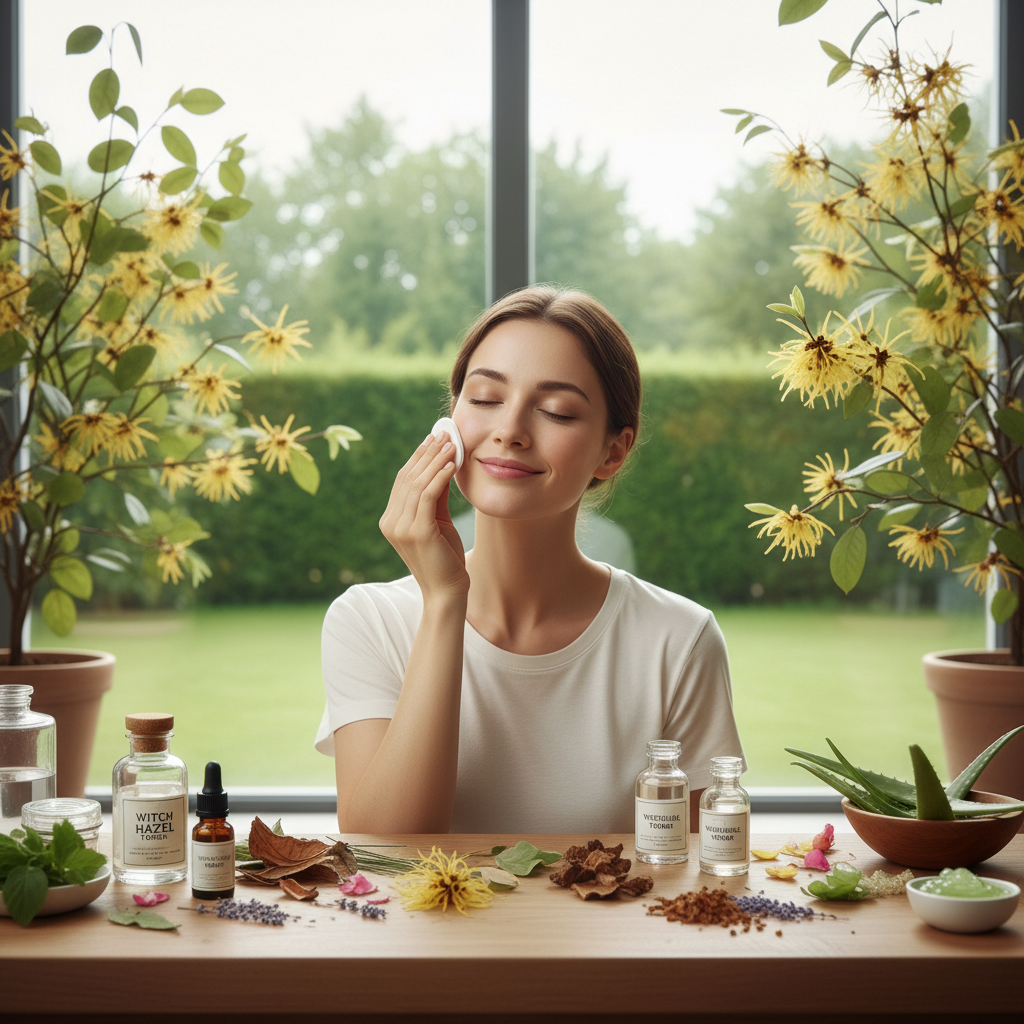 A calming skincare scene featuring a person applying witch hazel toner with a cotton pad, surrounded by natural elements like witch hazel shrubs and botanical ingredients.
