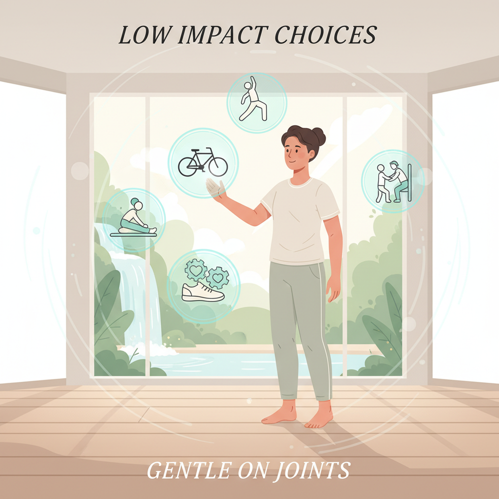 Collage of the best low impact exercises including walking, cycling, bodyweight strength moves like squats and wall push-ups, yoga poses, and mindful breathing practices.