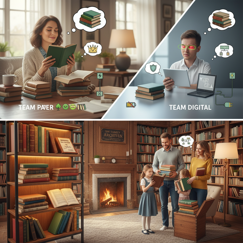 A cozy scene of a person holding and reading a physical paper book, focusing on the tactile experience like turning pages and the smell of paper.