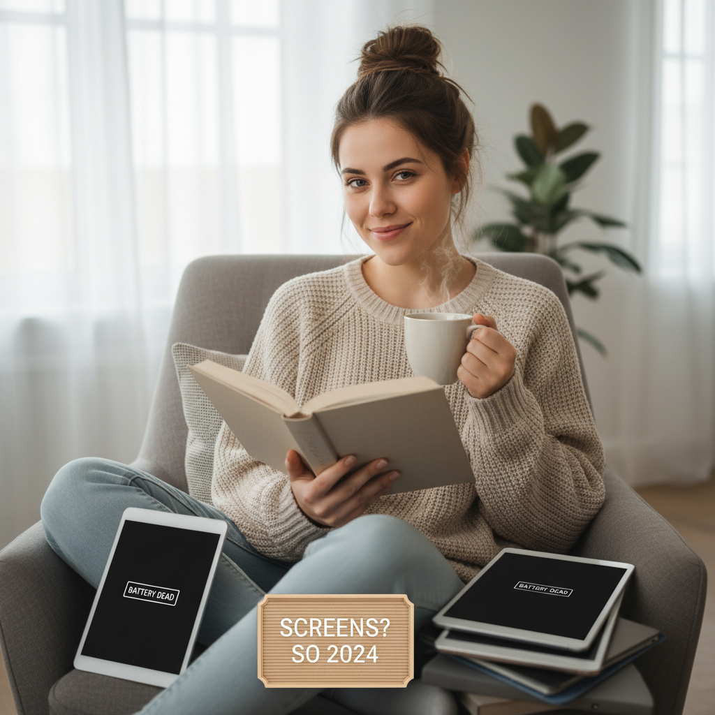A cozy reading scene showing a person relaxing with a book, away from screens, representing the 'Why Books? Because Screens Are So 2024' section.