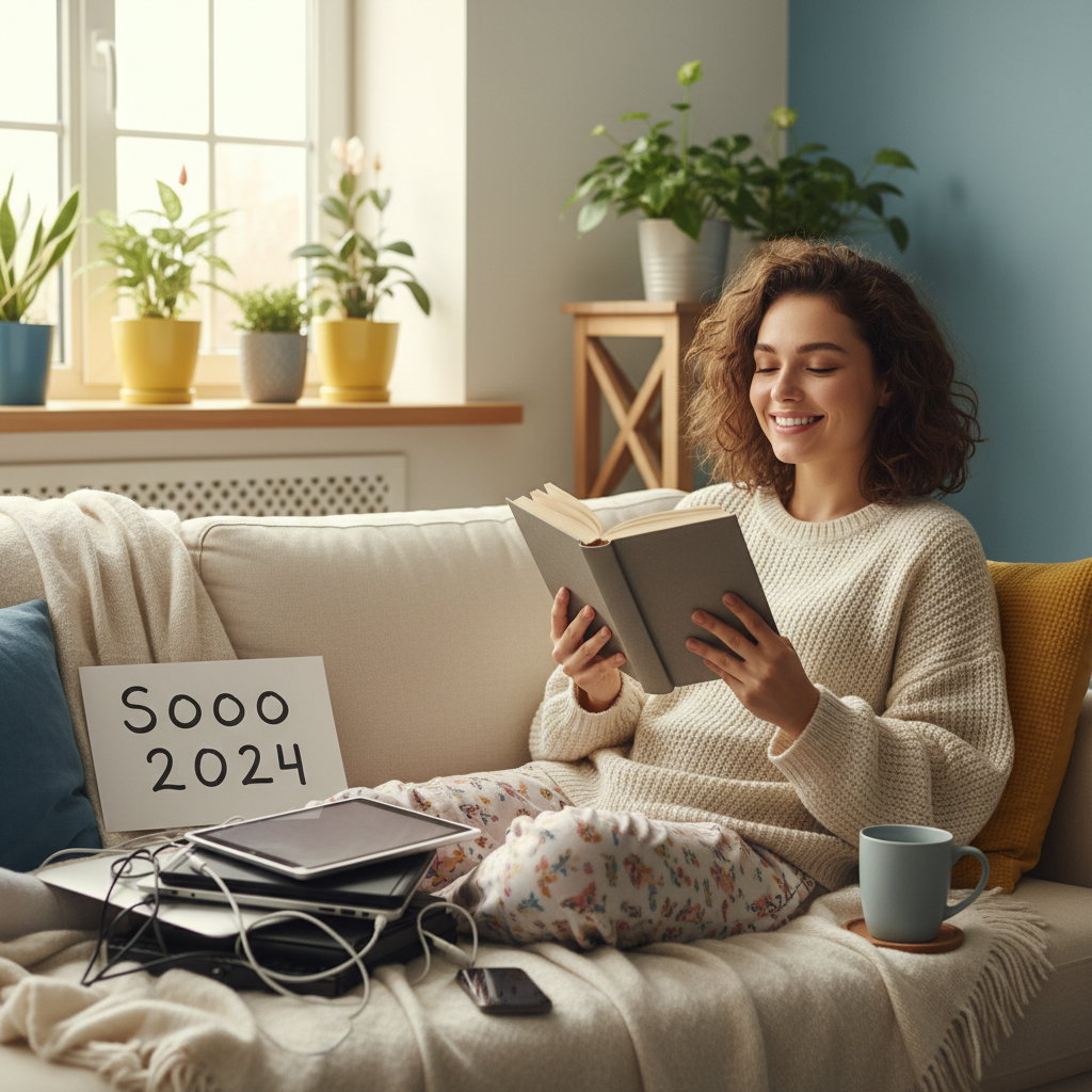 A warm, inviting reading nook setup with herbal tea, soft lighting, cozy blankets, and a book, representing 'Pro Tips for Maximum Relaxation from Your Reading Time'.